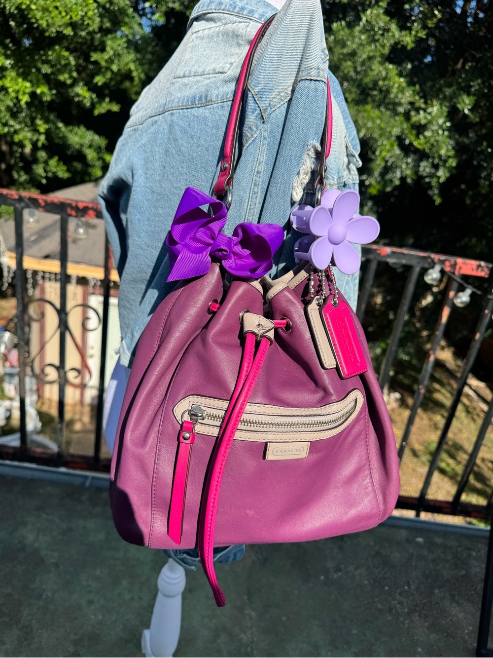 Coach Plum Leather Drawstring Bucket Bag with Pink Trim